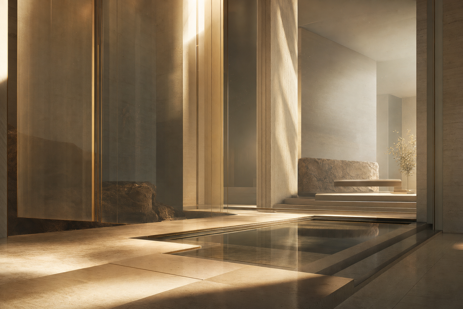 A cathedral of warm travertine and brushed brass, sunlight cutting through in soft geometric shafts