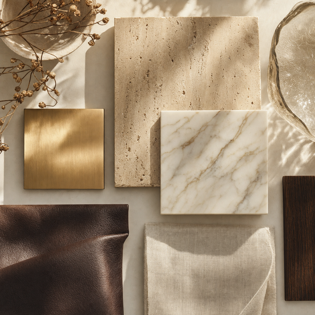 Material palette moodboard — travertine, marble, brass, leather