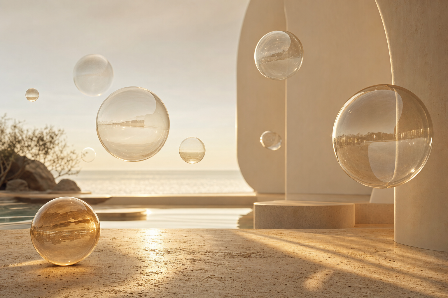 Editorial floating glass orbs at golden hour