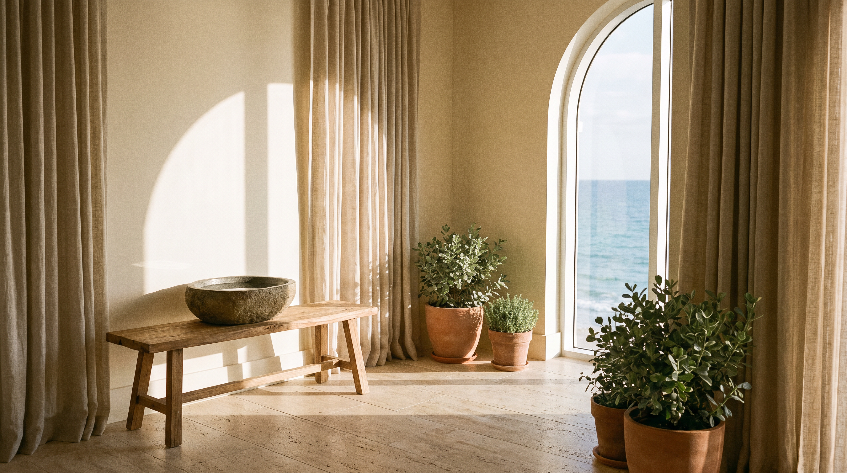 Casa Del Mar interior — travertine floors, arched window over the ocean, terracotta pots and linen curtains