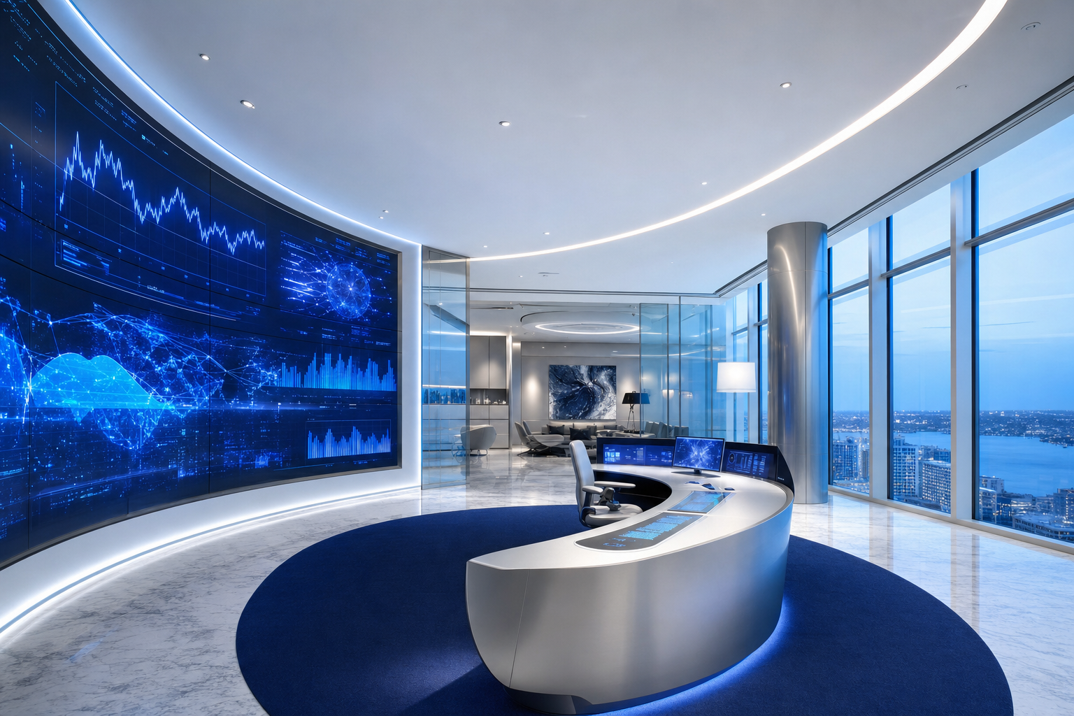 Fintech command center — curved data wall, navy and blue accents