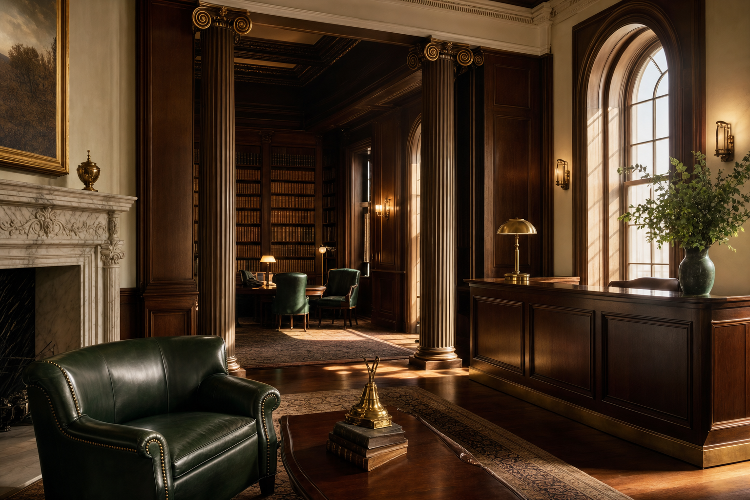 Elite Ivy-League law firm library — walnut, classical columns, brass, forest-green leather