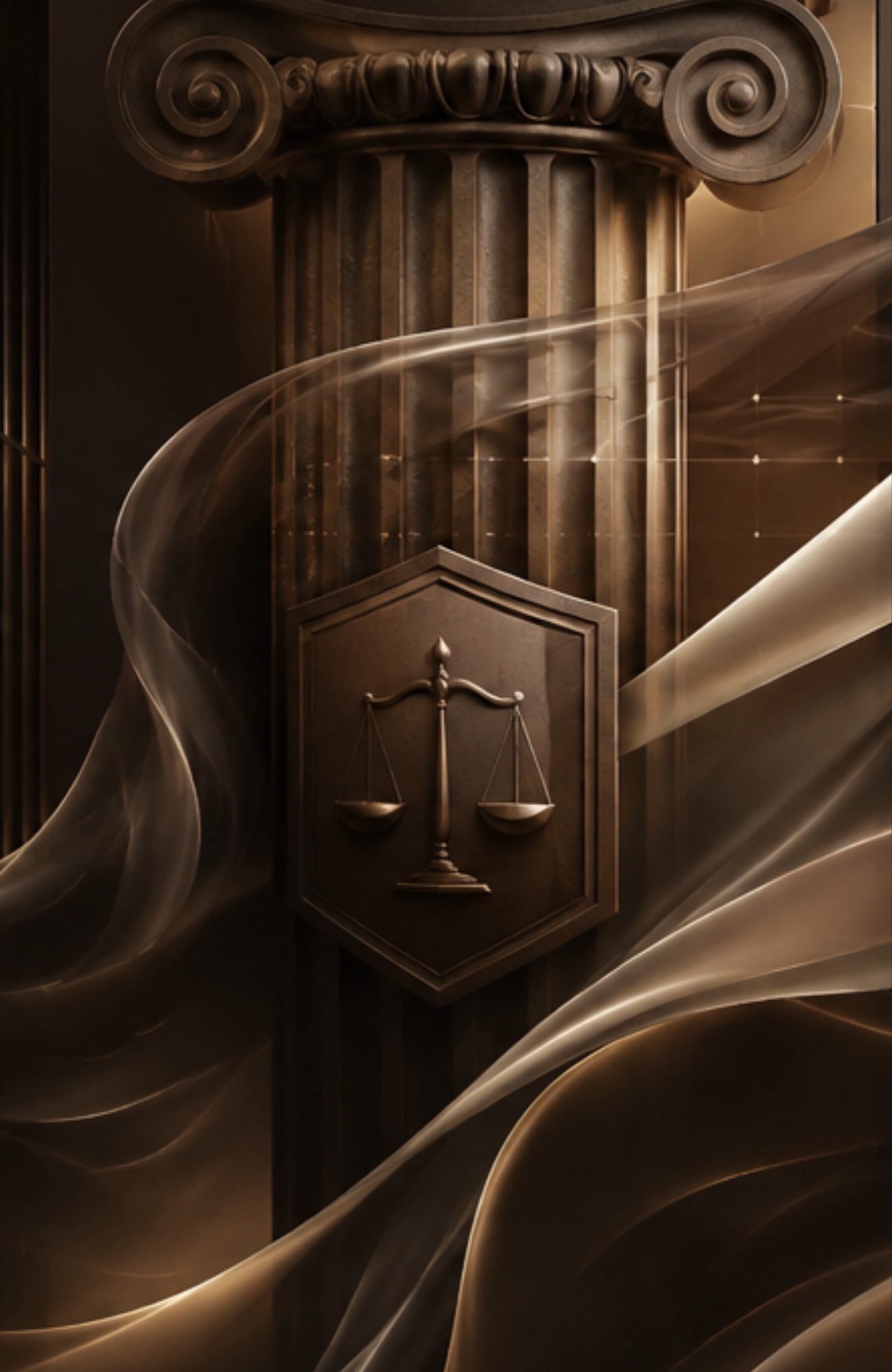 Classical bronze column crowned with the scales of justice — boutique litigation firm